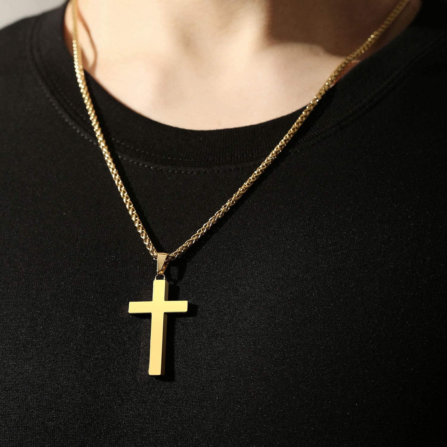 Cross Necklace for Men Stainless Steel Cross Pendant Chain , First Communion Confirmation Jewelry, Religious Gift (Gold)