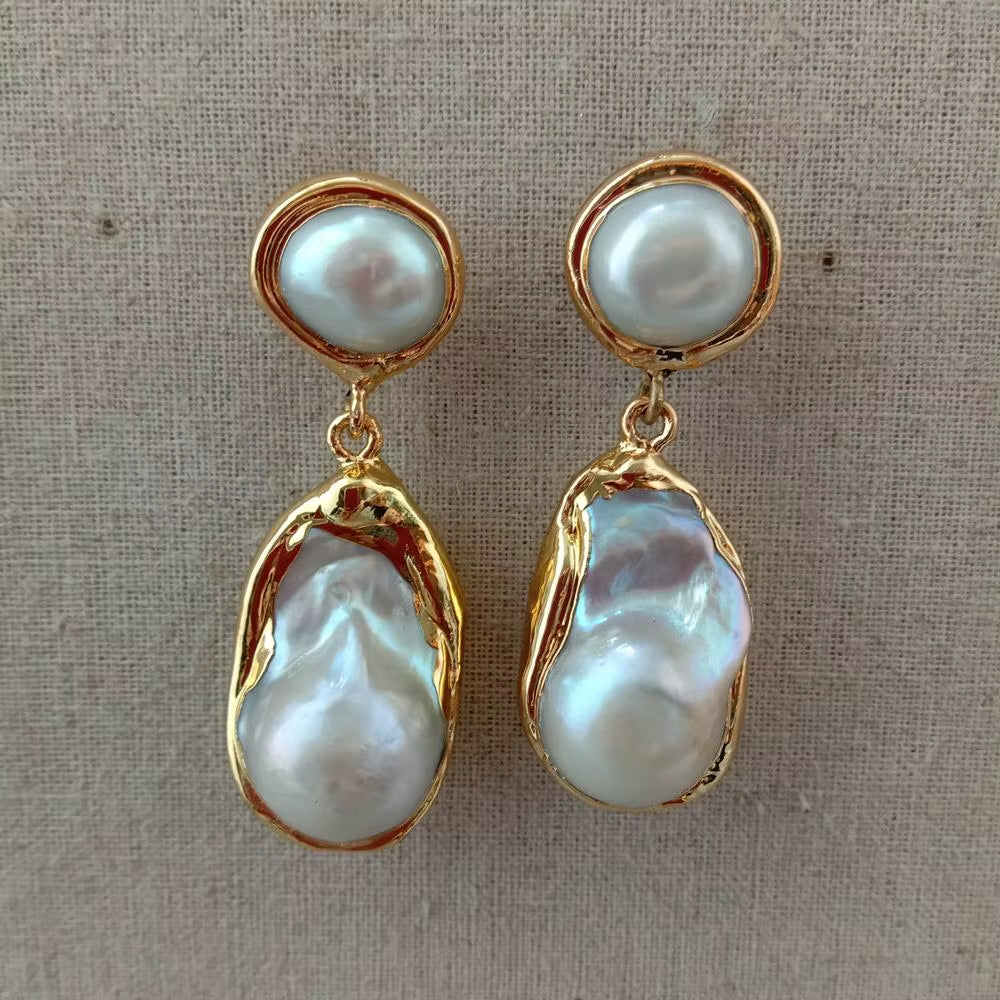 White Keshi Pearl Gold Color Plated Stud Earrings Nucleated Flameball Baroque Pearl Earrings Luxury Wedding for Women