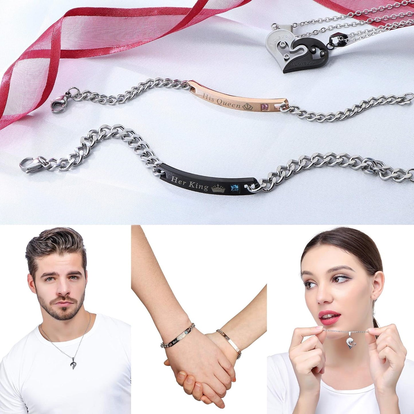 4-Piece Couple Necklace & Bracelets Jewelry Set, Stainless Steel, Heart Pendant