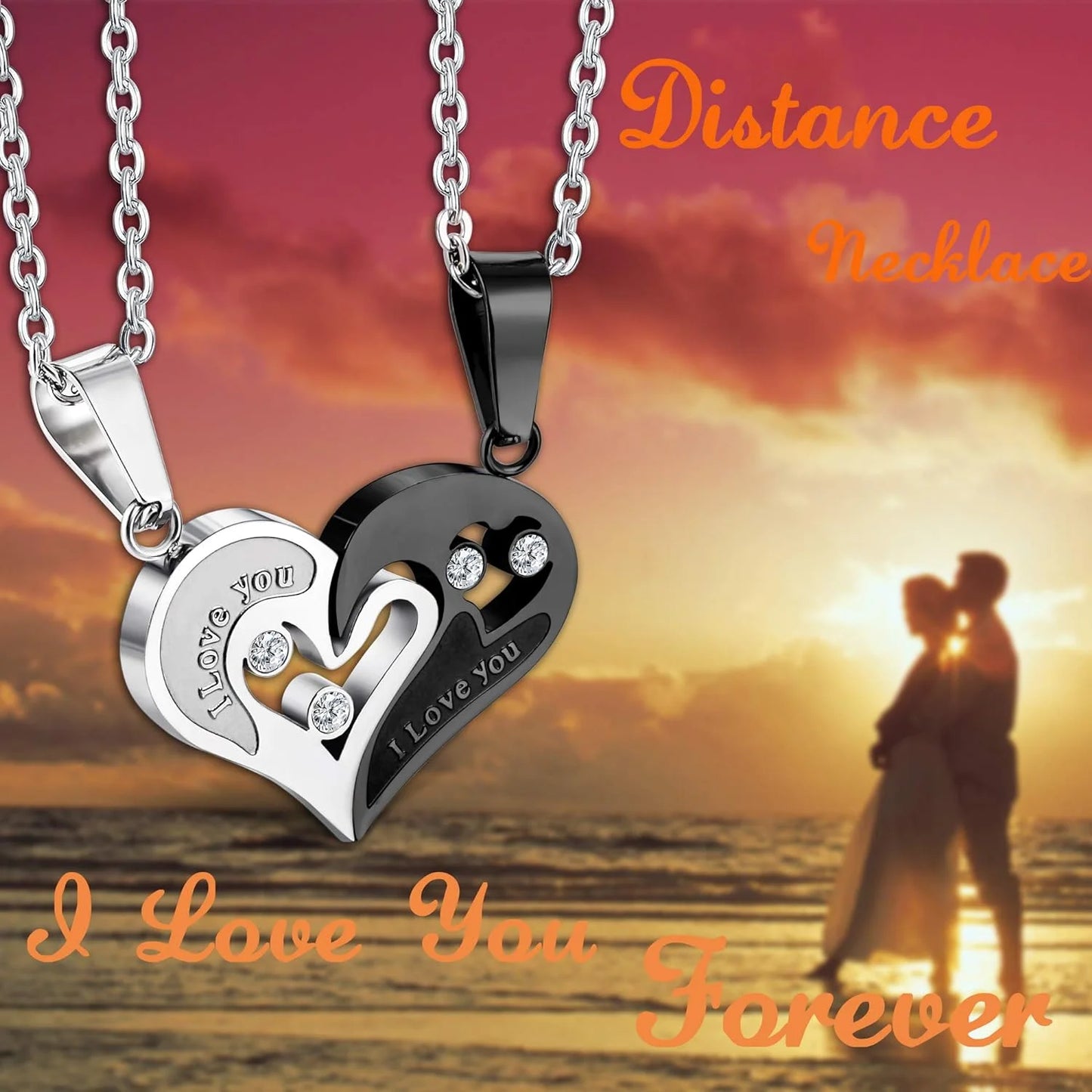 4-Piece Couple Necklace & Bracelets Jewelry Set, Stainless Steel, Heart Pendant