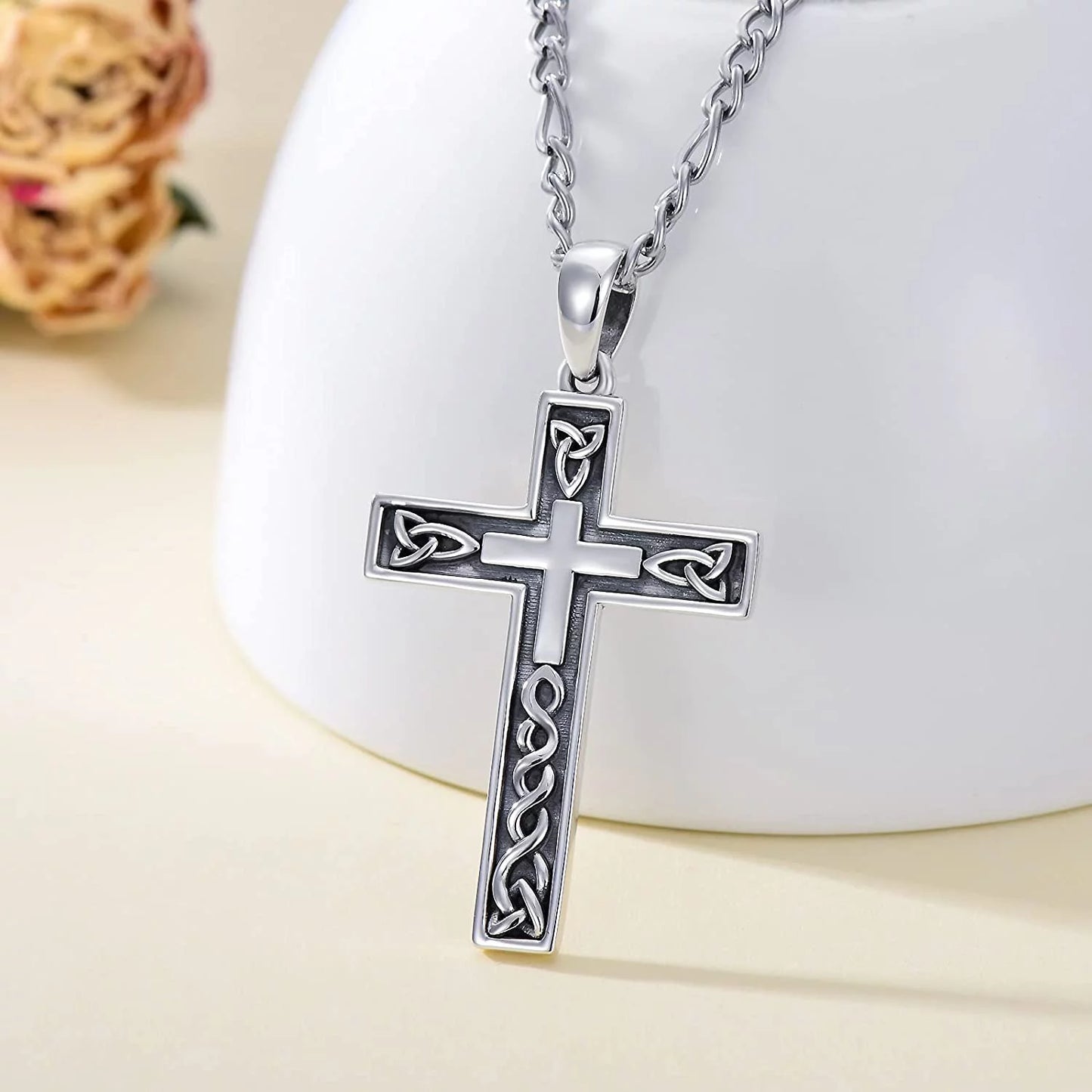 Christmas Gift 925 Sterling Silver Cross Necklace for Men Delicate Texture Crucifix Jesus Cross Pendant Necklace