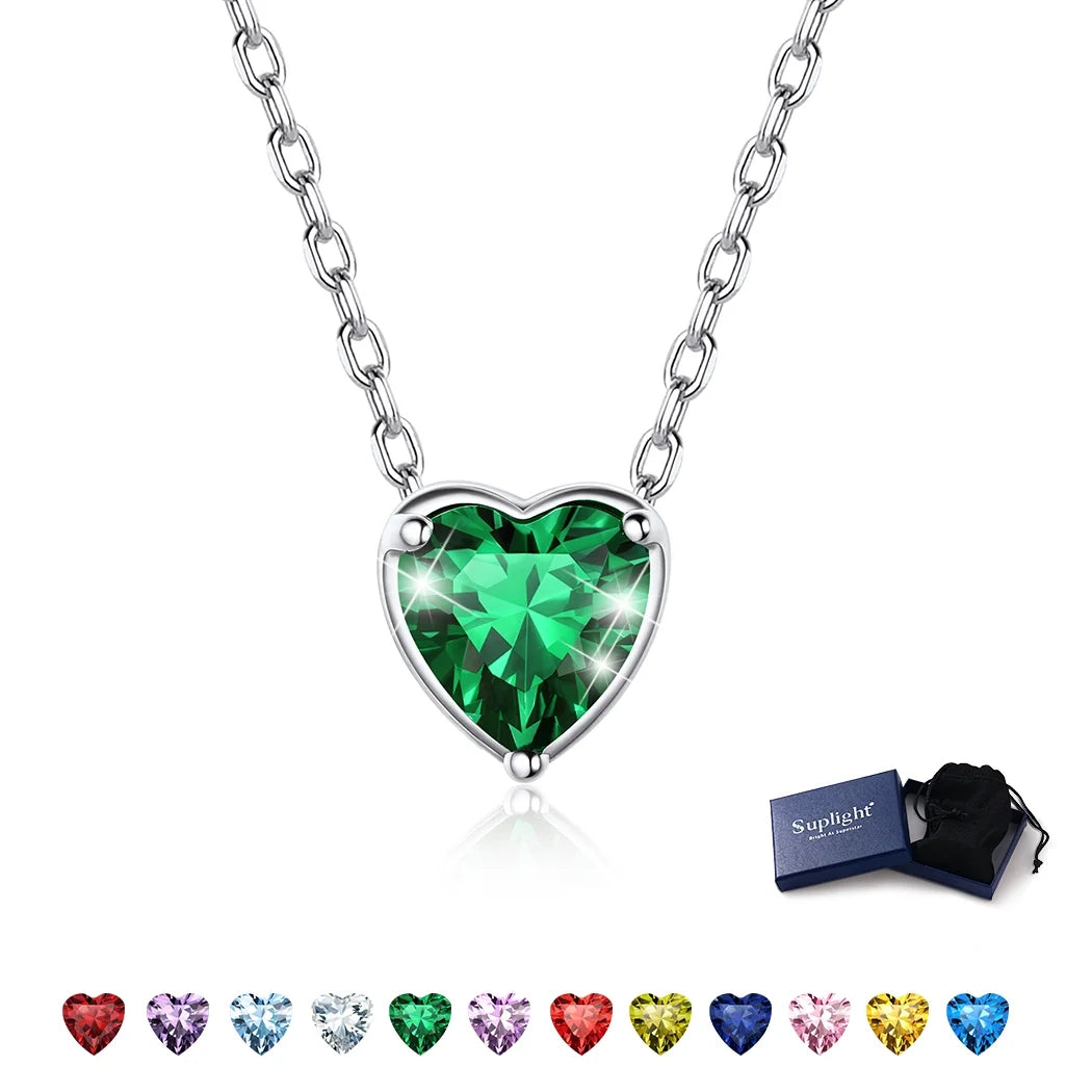 Women 925 Sterling Silver Birthstone Love Heart Necklace, Birthday Valentines Gift